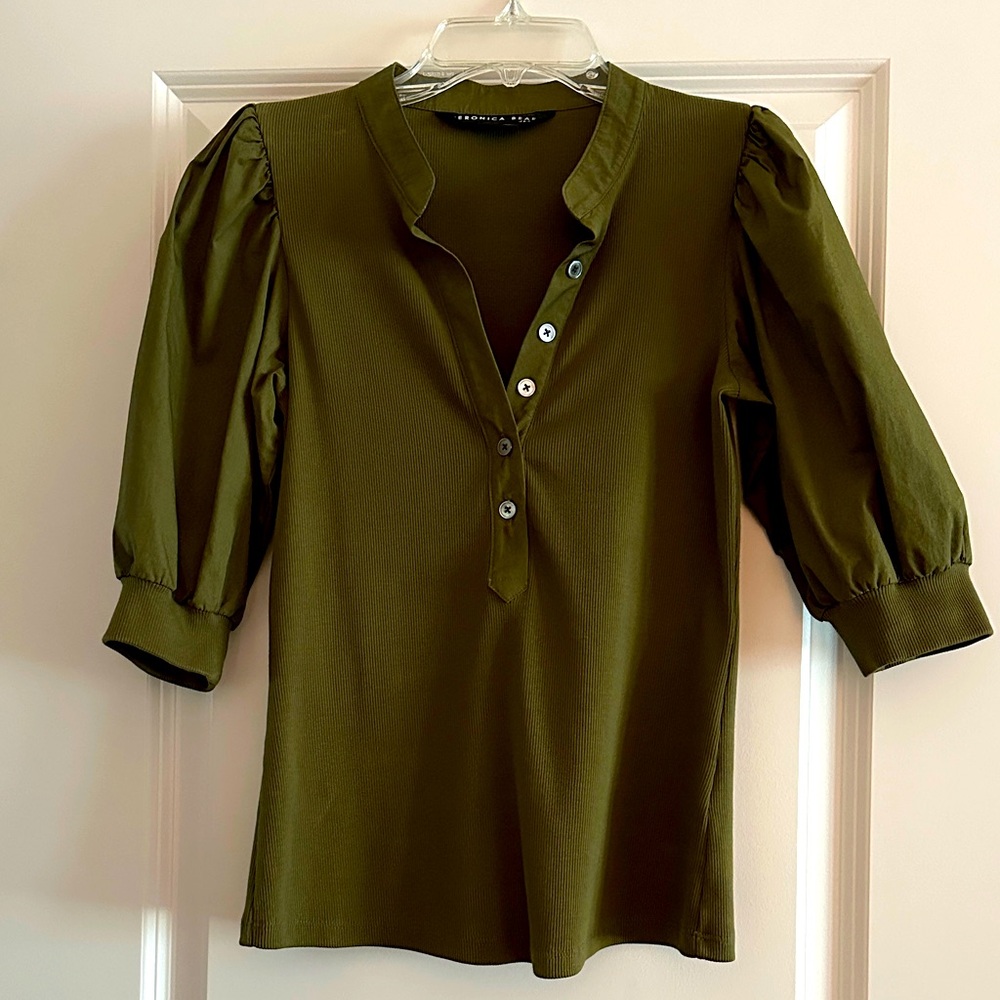 Veronica Beard Coralee Puff Sleeve Mixed Media Top